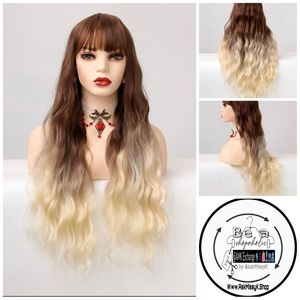 VALENTINA | Fiery Auburn + Blonde Ombre Synthetic Italian Wave Wig w/ Bangs